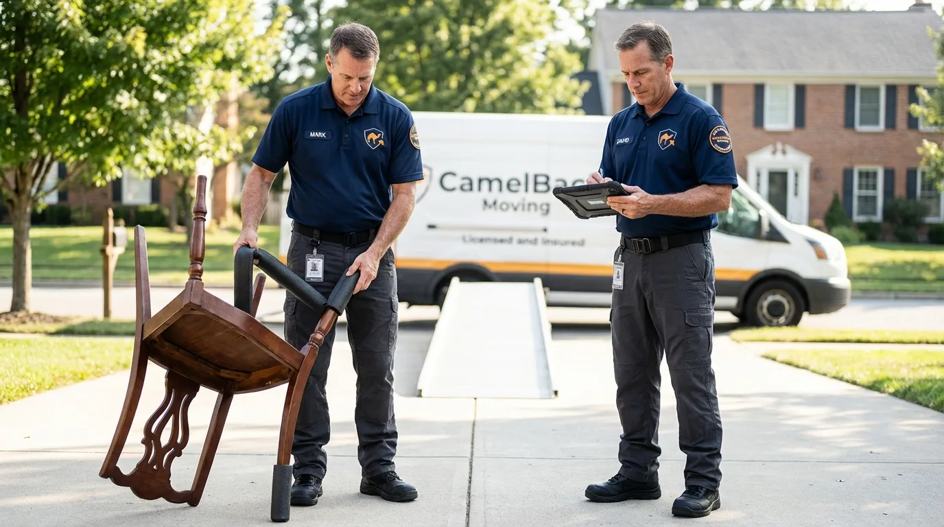 Movers inspecting furniture for damage prevention before loading in Temple City, CA