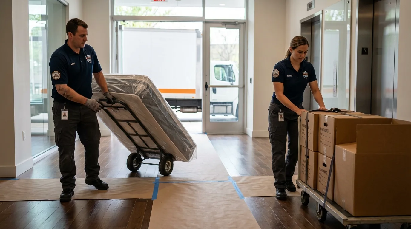 Professional apartment movers loading elevator in Temple City, CA