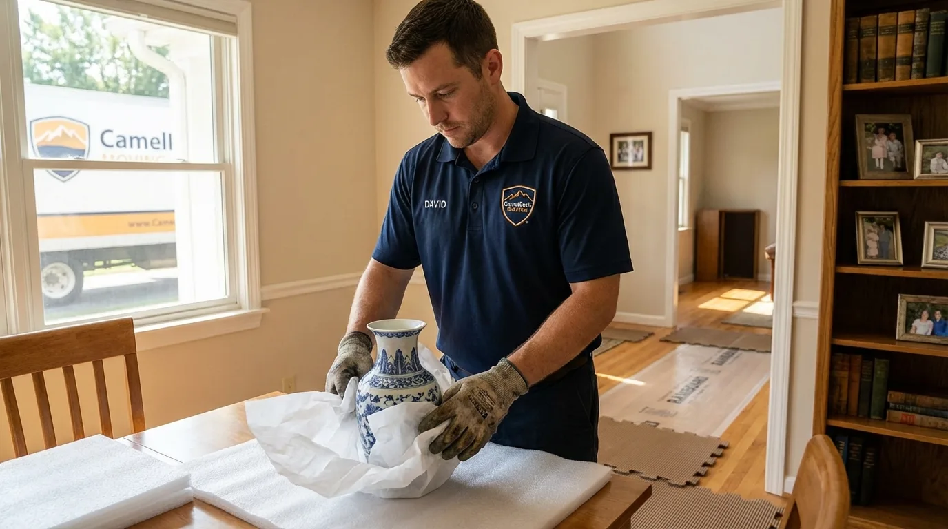 Professional crew carefully wrapping antique vase for senior downsizing move in Temple City, CA